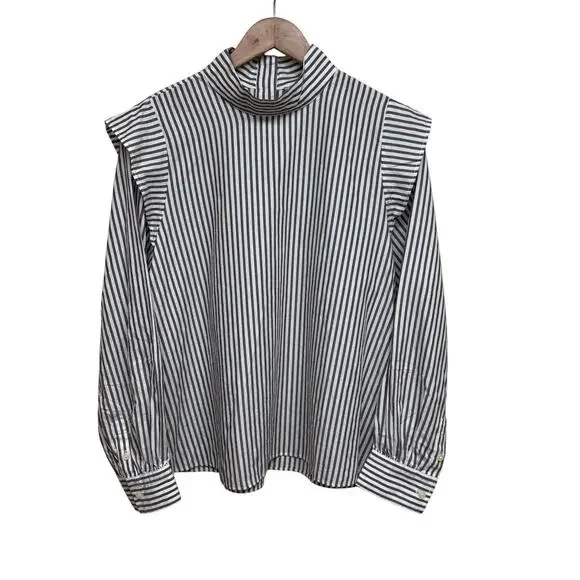 Everlane NWT Brown White Striped Mock Neck Cotton Blouse Size 12 - Picture 4 of 7